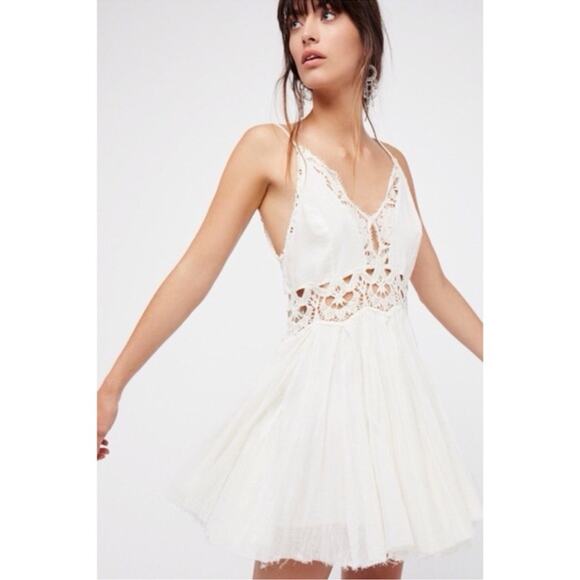 FREE PEOPLE Ilektra Lace Inset Cotton Chemise Mini Slip Dress Size Medium - Picture 3 of 15